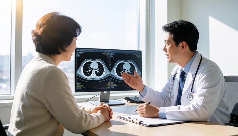 의료진이 흉부 CT 영상을 보며 상담하는 모습