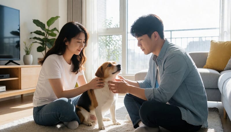 불안한 모습을 보이는 반려견과 함께 있는 보호자