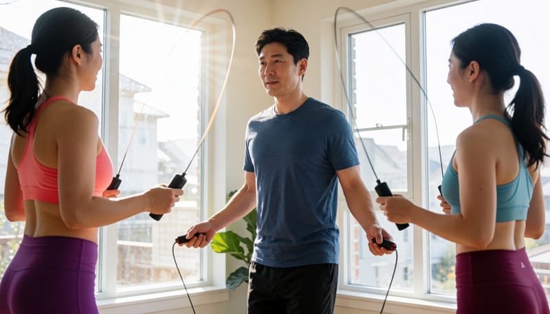 실내에서 줄넘기 리듬을 연습하는 남성