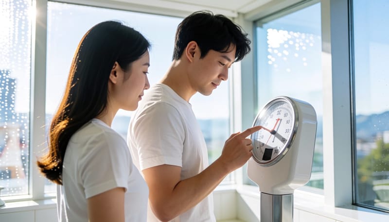 아침에 체중계에 올라서는 남성의 모습