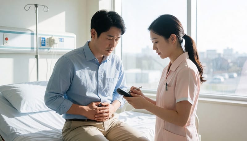 응급실에서 복통을 호소하며 혈당 체크를 받는 환자의 모습