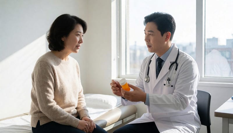 진료실에서 의사가 환자에게 약 복용법을 설명하는 모습