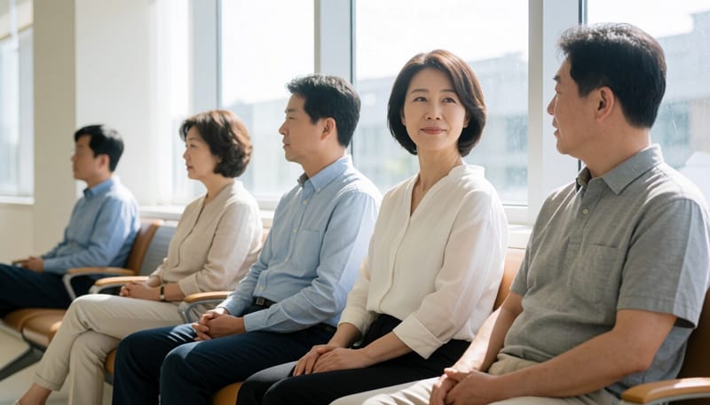 병원 대기실에서 불편한 표정으로 앉아 있는 여성의 모습