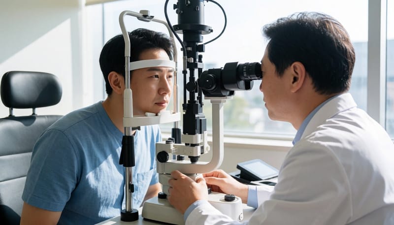 안과에서 세극등 검사를 받는 중년 남성 환자