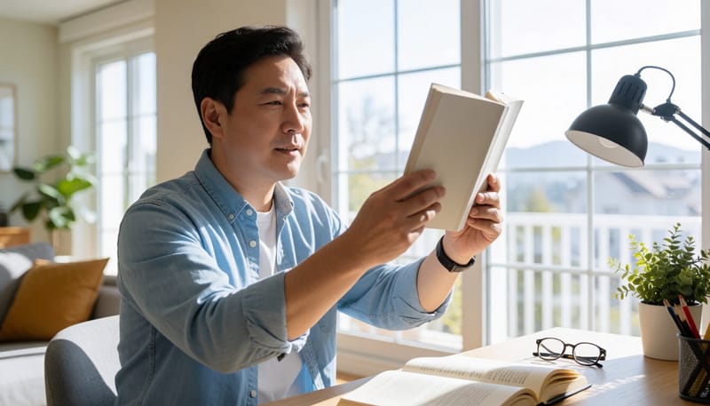 책을 멀리 두고 글씨를 보려 애쓰는 중년 남성의 모습