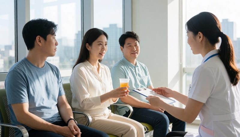 병원에서 소변검사를 위해 대기하고 있는 여성