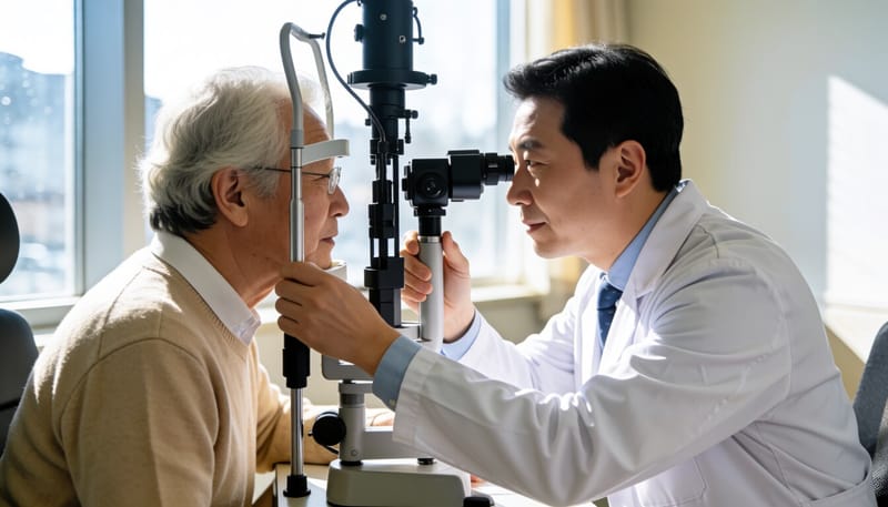 안과에서 안저검사를 받는 환자의 모습