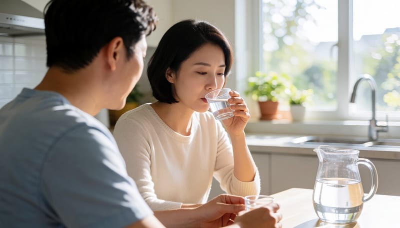 전해질 음료를 조금씩 마시는 여성