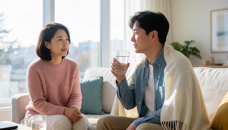 집에서 물을 마시며 쉬고 있는 지친 모습의 성인