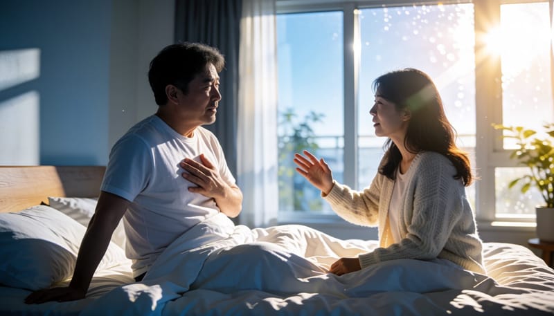 한국인 남성이 밤에 숨이 차 침대에 일어나 앉아 있는 모습