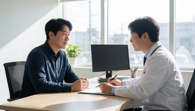 비뇨의학과에서 의사와 상담하는 남성의 모습