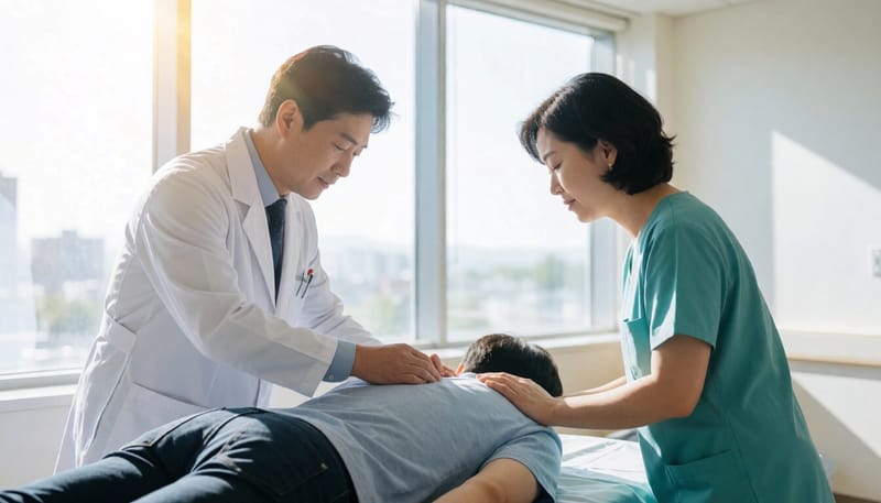 의료진이 영상장비를 보며 허리에 주사 시술을 하는 모습