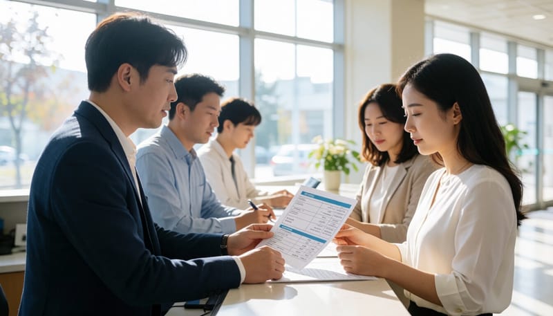 병원 수납창구에서 검사 비용을 확인하는 모습