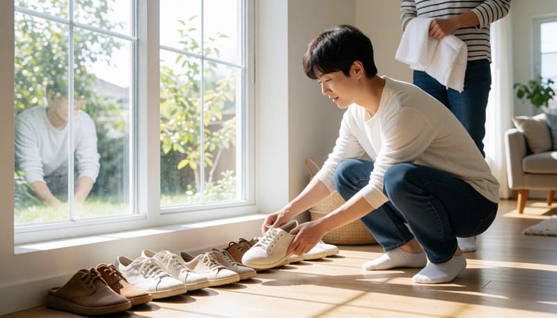신발을 통풍시키고 발을 말리는 모습