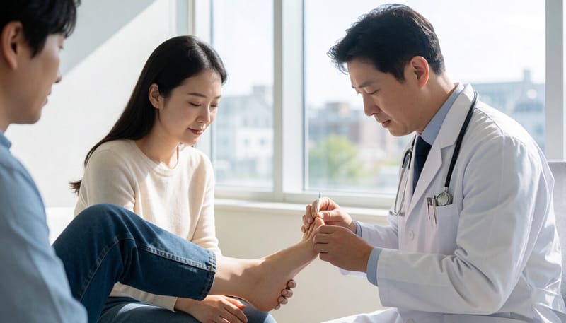 피부과에서 발톱 상태를 진료받는 모습