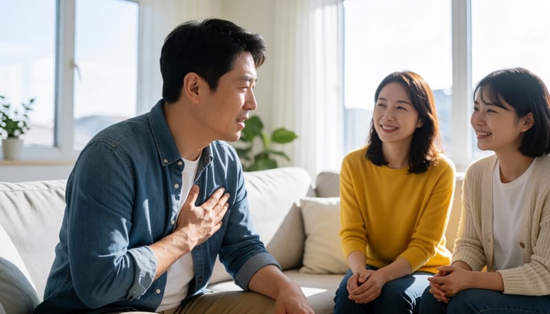 가슴 답답함과 불안감을 느끼는 남성의 모습