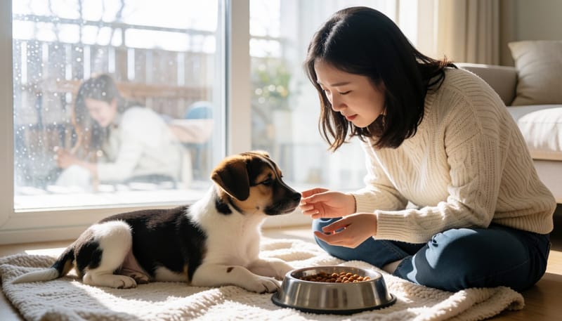 기력이 떨어진 어린 강아지를 살피는 모습
