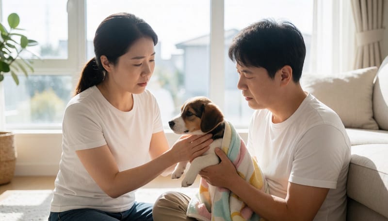 기운 없는 강아지를 안고 걱정하는 보호자