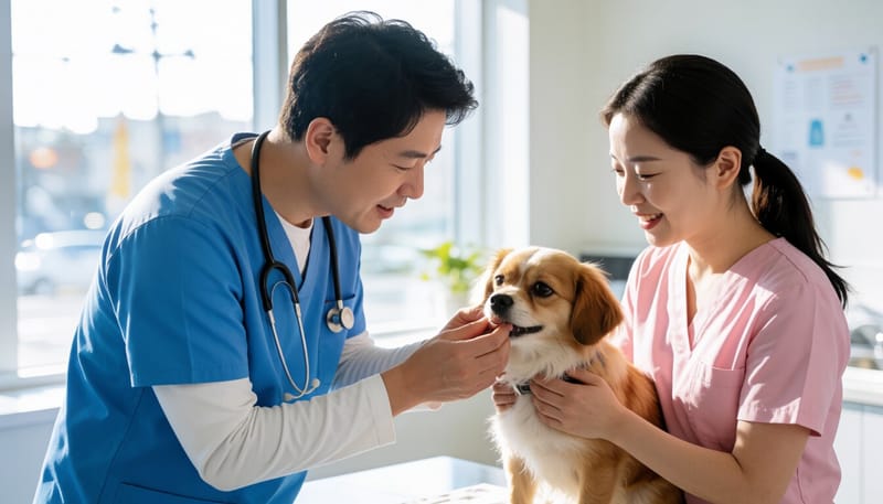 동물병원에서 반려견의 구강 상태를 확인하는 수의사