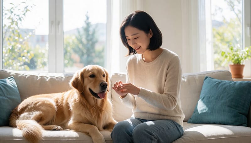 반려견 옆에서 손의 작은 상처를 살펴보는 여성의 모습