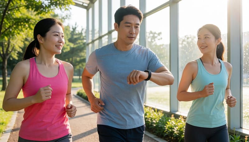 아침 공원에서 가벼운 조깅을 하며 손목시계로 심박수를 확인하는 모습