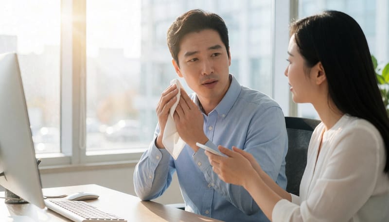 손에 땀이 나 손수건으로 닦는 남성의 모습