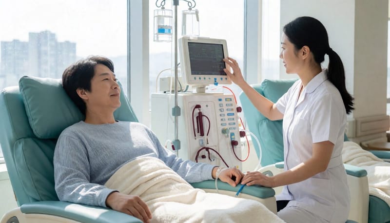 병원에서 혈액투석 치료를 받고 있는 환자와 간호사의 모습