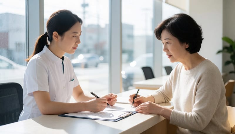 의료비 지원 상담을 받고 있는 환자와 상담 창구 직원