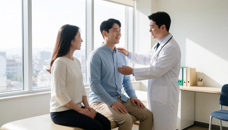 허리통증으로 병원에서 진료받는 모습