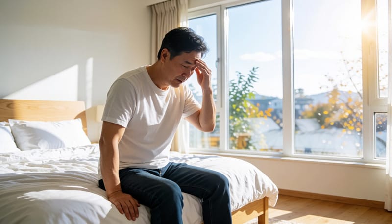 기상 후 침대에 걸터앉아 어지러움을 느끼는 모습