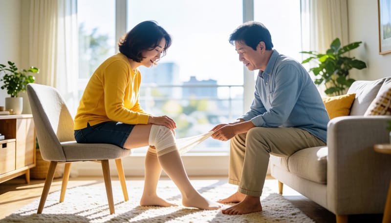 의료용 압박스타킹을 착용하는 모습