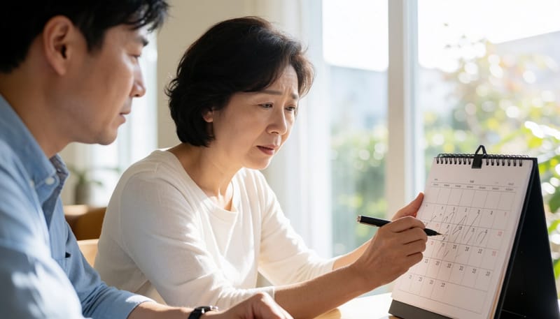 달력을 보며 생리 주기를 확인하는 여성