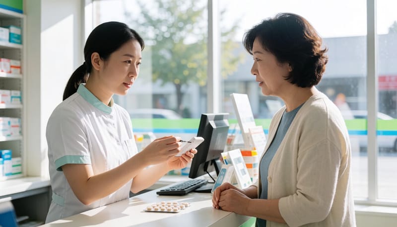 약사가 약국에서 복용법을 안내하는 모습