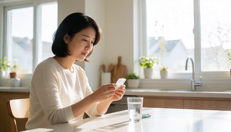 아침에 물과 함께 피임약을 챙겨 먹는 여성의 모습