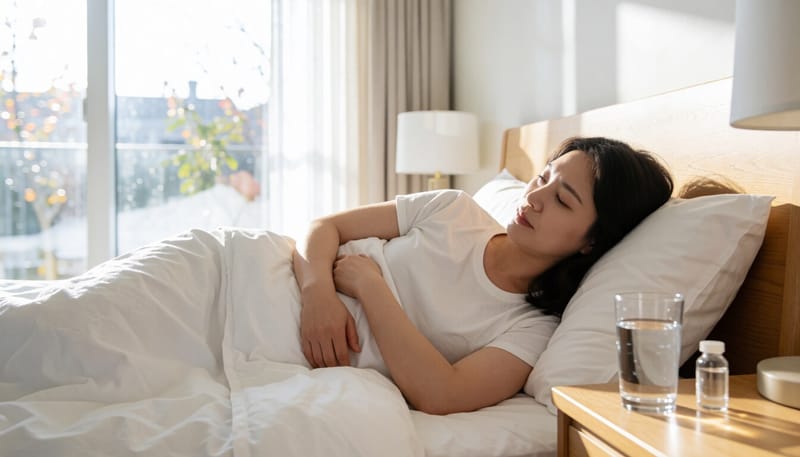 귀국 후 복통으로 힘들어하는 여성