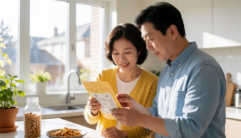 반려인이 제품 포장의 제조번호를 확인하는 모습