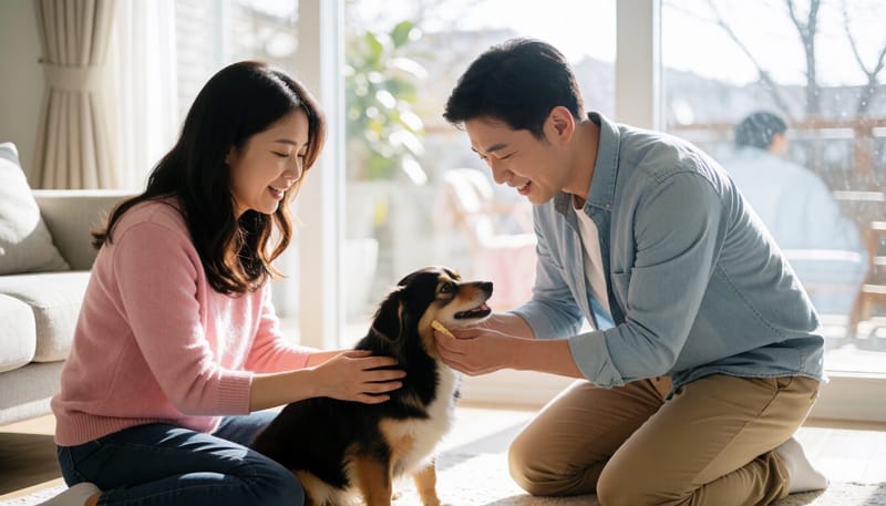 반려인이 반려견의 입안을 확인하는 모습
