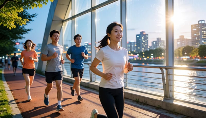 해질녘 강변을 따라 조깅하는 여성