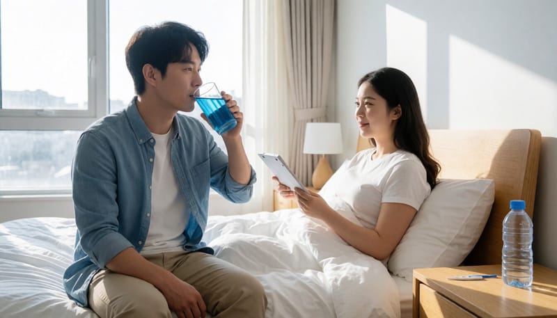 전해질 음료를 마시며 쉬고 있는 남성