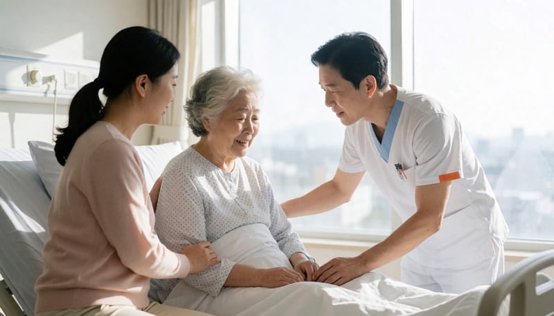 침대에 누운 어르신의 자세를 바꿔주는 보호자
