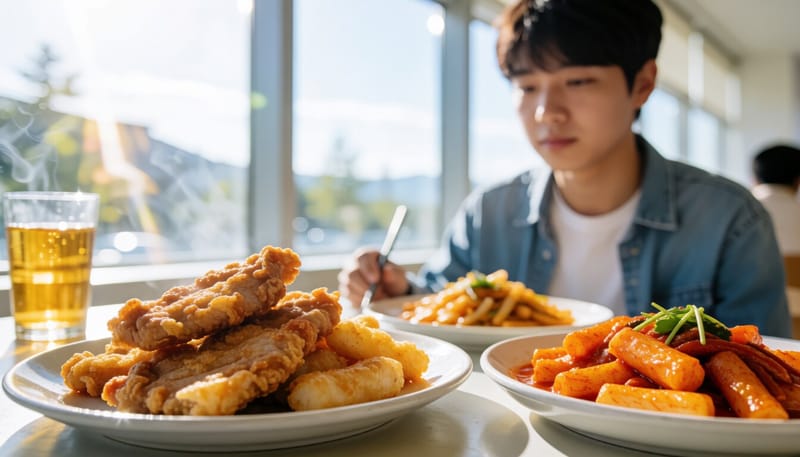 기름진 튀김 음식이 담긴 접시