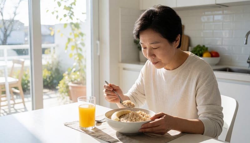 오트밀과 바나나로 구성된 아침 식사