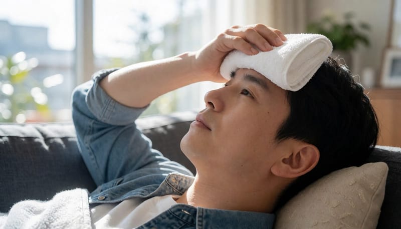 이마에 냉찜질 수건을 올리고 있는 남성