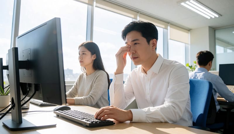 컴퓨터 화면 앞에서 눈을 비비는 직장인의 모습