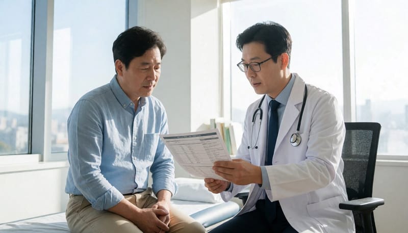 진료실에서 요산 수치를 확인하는 모습