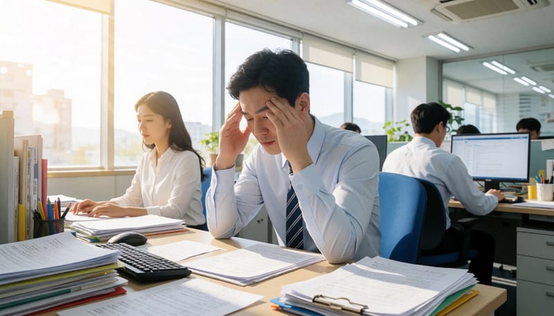 업무 스트레스에 지쳐 책상에서 머리를 짚고 있는 직장인