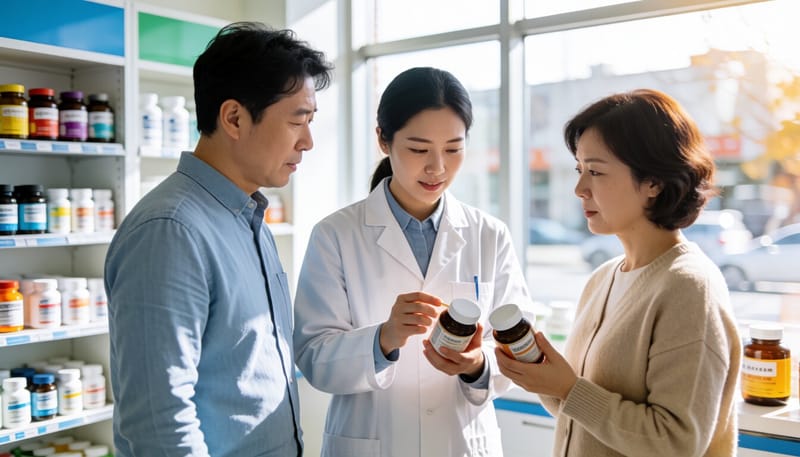 약사가 영양제를 설명하는 약국 내부 모습