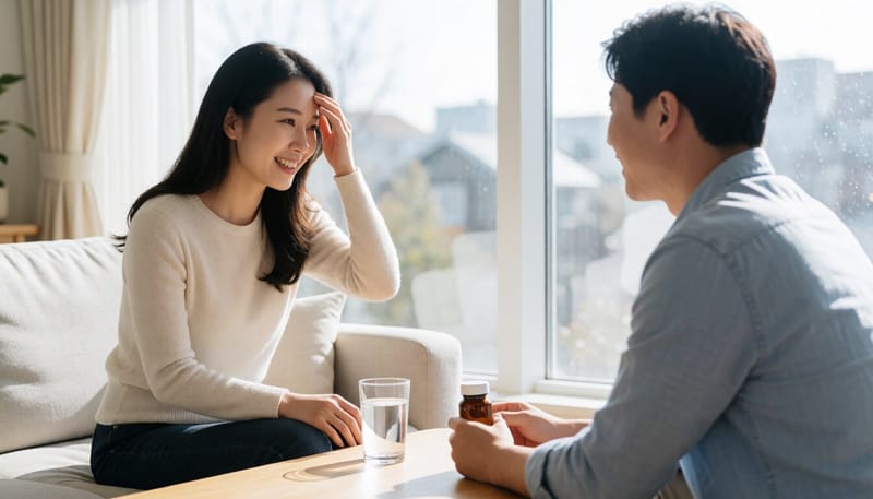 어지럼증을 느끼며 이마를 짚고 있는 여성의 모습