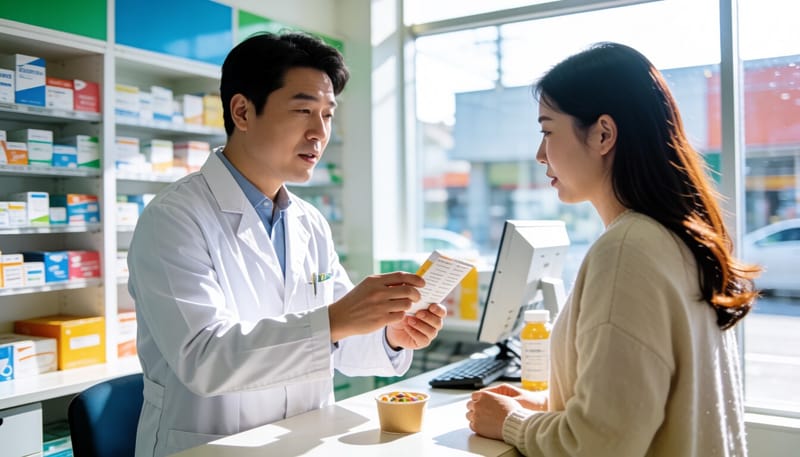 약사가 환자에게 통풍약 복용법을 설명하는 모습