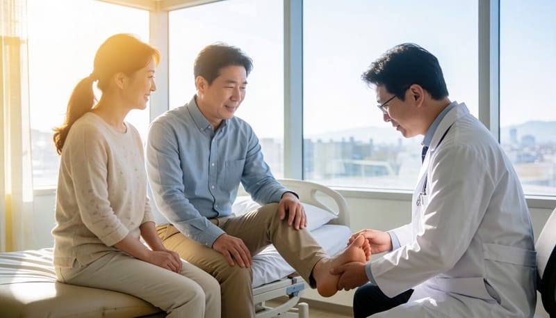 통풍 발작으로 발가락을 붙잡고 아파하는 환자를 진찰하는 의사